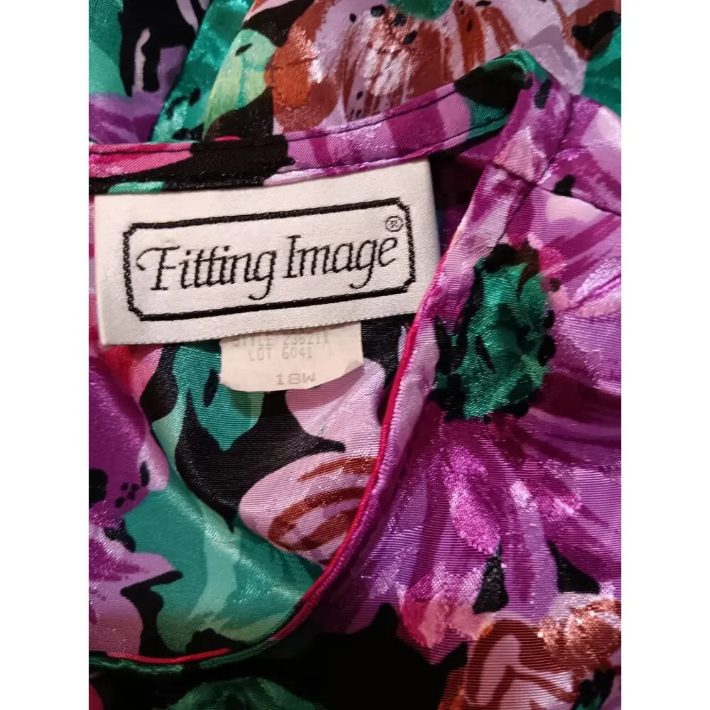 VINTAGE 80s 90s Blouse Top 18W‎ Shiny Floral Bright Colorful Office Career Event